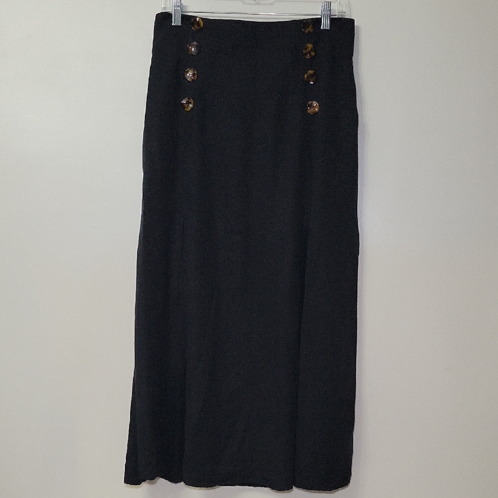 Top Shop Maxi Skirt Black 2 Front Slits Button Front Decor Sz 10